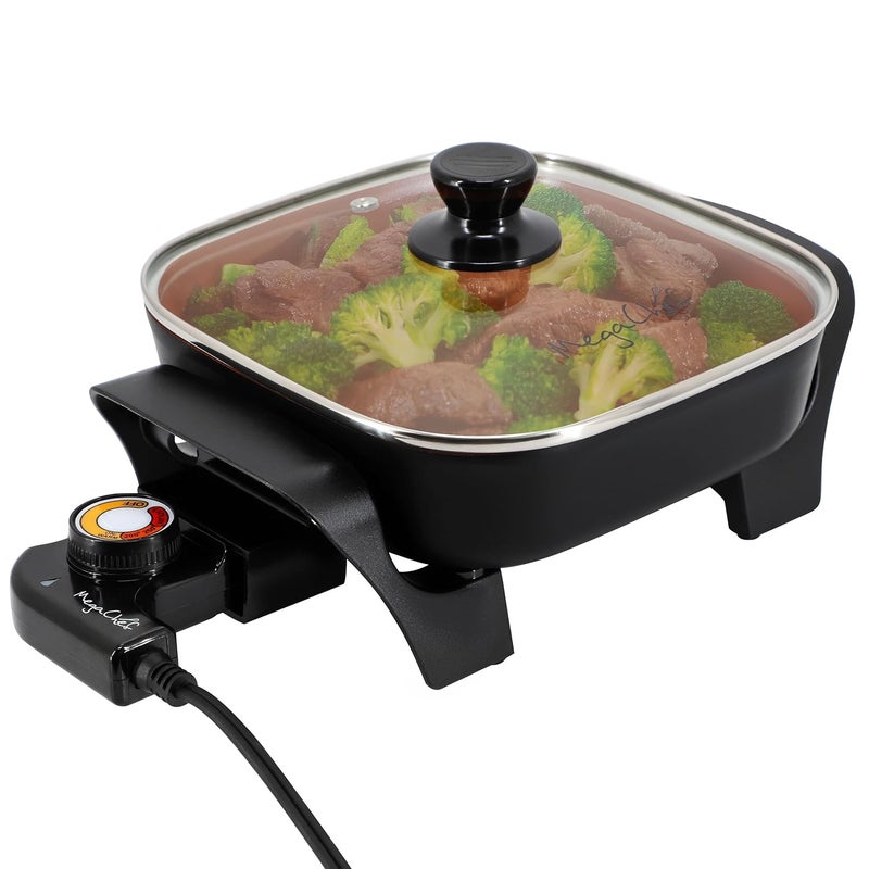Mega chef Electric Skillet with Tempered Glass Lid, Copper Non-Stick Coating & Adjustable Temperature Control, Versatile Small Kitchen Appliance (8 Inch Skillet) - Image 1